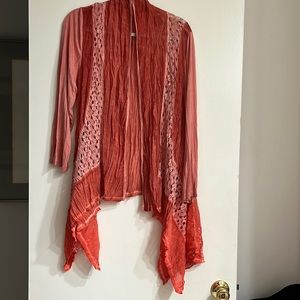 Crochet Panel & Gauzy Open Front Flyaway Cardigan